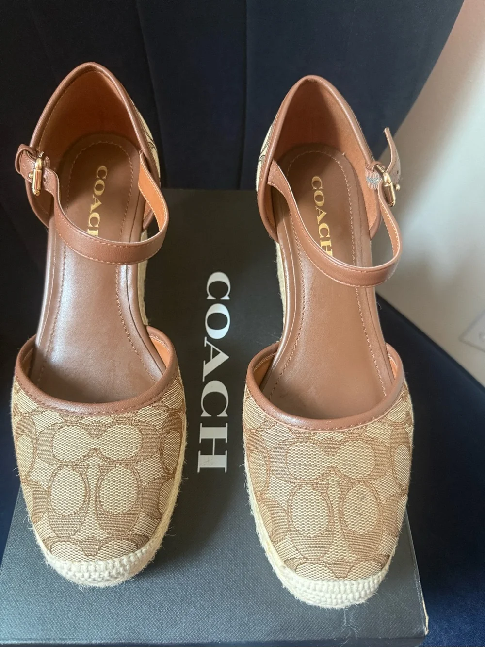 Coach Brown Signature Canvas Espadrille Wedges with Leather Ankle Strap